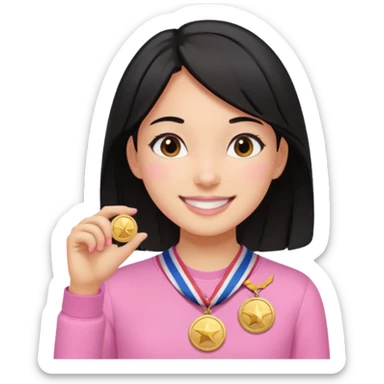 black haired girl wearing pastel pink with medals remove any hats, make her smile sticker