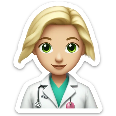 Long haired Blonde girl with green-blue-grey eyes wearing a pink shirt Underneath a whitecoat being  a doctor sticker