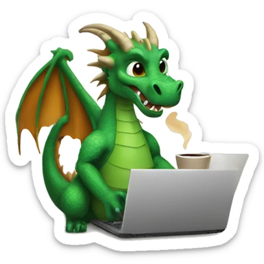 dragon on a laptop, wearing a hump day shirt, with a cup of coffee in hand sticker