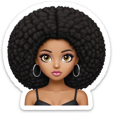 pretty bratz girl, dark black big afro, dark brown eyes, y2k fashion, black eye v liner, dark skin sticker