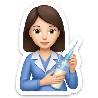 Brunette Mother holding a baby bottle with milk and a vaccine syringe sticker