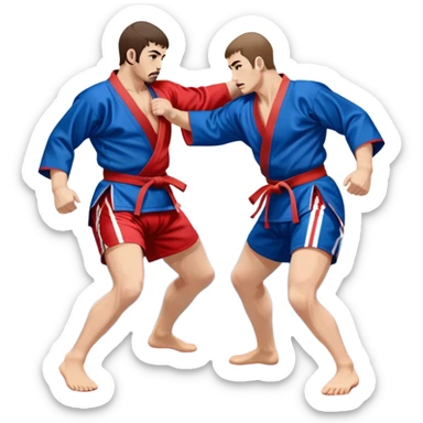 Two Sambo fighters in blue and red kimonos, with shorts and wrestling shoes, performing grappling and throwing techniques. The background shows a wrestling mat and an intense, focused atmosphere. Transparent background highlights the fluidity and skill of the sport without strikes. sticker