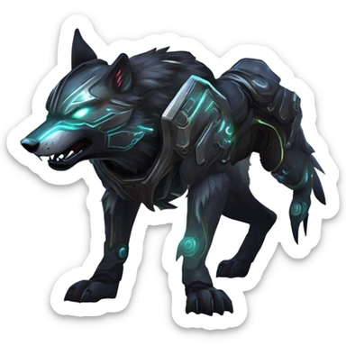 Warframe-inspired wolf Warframe with sleek biomechanical armor, a snarling wolf-like helmet, glowing eyes, and clawed gauntlets. Dark metallic colors with glowing energy lines, blending feral agility and deadly stealth. sticker