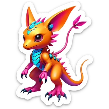 Tropical futuristic lush warm-colored modern colorful neon cyber-Fakémon-Digimon-Trico-creature sticker