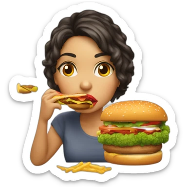 Chica morena y labios rojos comiendo amburguesa no le gusta el brócoli sticker