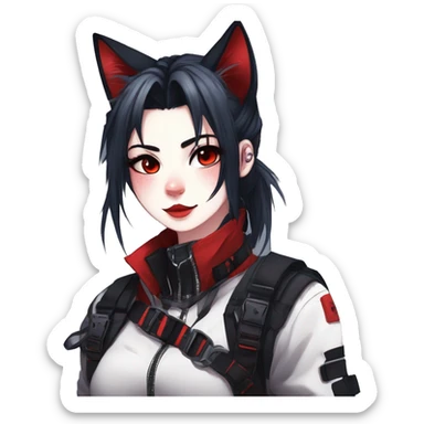 Gorgeous gothic dark techwear anime style anthro cat furry sona with blushing face aesthetic and pretty edgy black red punk messy ponytail hair with collar and harness trending style sticker