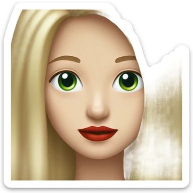 straight long curred hair, tomato red lipstick, blue-green bright eyes, white skin and a very small sharp nose sticker