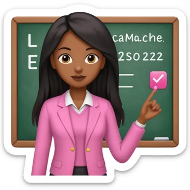 a brown skin teacher with hair with black straight long hair wearing pink not hot pink 2 piece set teaching up on a board the board says Ms. jade sticker
