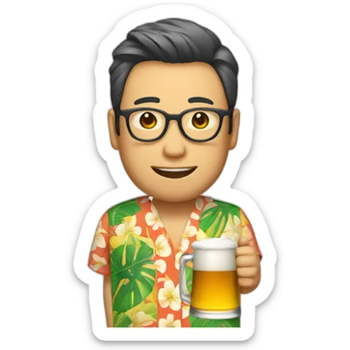 A Japanese man holding a beer and wearing an aloha shirt and glasses sticker