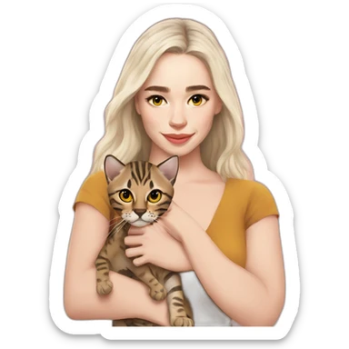 Emilia Clarke holds a Bengal cat with yellow eyes sticker