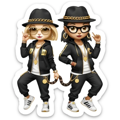female cat wearing Run DMC hip-hop outfit with tracksuit, fedora, Adidas sneakers, many gold chains, rings, bracelets, flashy earrings, dancing with a friend, no sunglasses sticker