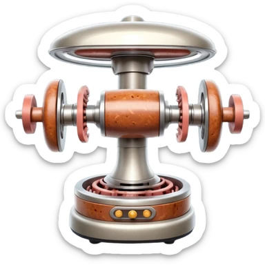 sausage-processing droid. retro-futuristic style. top is a circular industrial meat grinder with rotating gears and blades. Two robotic arms feed material into grinder. Sausage links extrude from the rear like  factory. The body is metallic, compact, and floats above the ground.no legs. Dark humor sticker