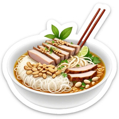 A bowl of Vietnamese Bún Thịt Nướng - rice vermicelli noodles with grilled pork, herbs, bean sprouts, and fish sauce sticker