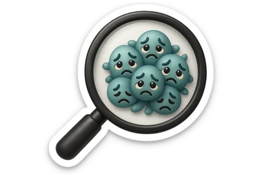 EMOJI STILE IPHONE DI una lente di ingrandimento che inquadra un cumulo di batteri intestinali tristi, IPERREALISTICO 4K sticker