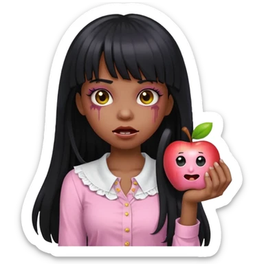 emoji apple light skinned black zombie girl with long black hair and bangs with a light pink blouse  sticker