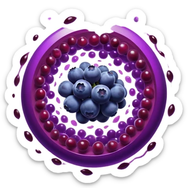 Blueberries, pomegranate, purple grapes, and dark chocolate floating in a bright purple vortex. A glowing shield surrounds cells, dissolving dark shadow particles representing free radicals. The protective light extends throughout the body, showing antioxidants' protective effects. sticker