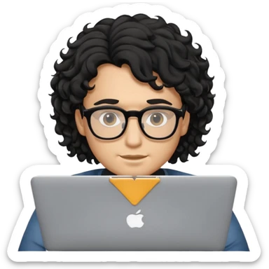 guy with wavy kinda curly black hair and light-to-medium skin tone like latino and glasses, with a macbook sticker