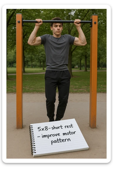 Giovane principiante dello streetlifting in un parco, fisico ancora asciutto, esegue lunghe serie di trazioni senza peso, con tecnica controllata. A terra, un taccuino con scritto '5x8 - riposo breve - migliorare schema motorio'. Espressione concentrata. Luce naturale, atmosfera educativa, senso di costruzione progressiva. sticker