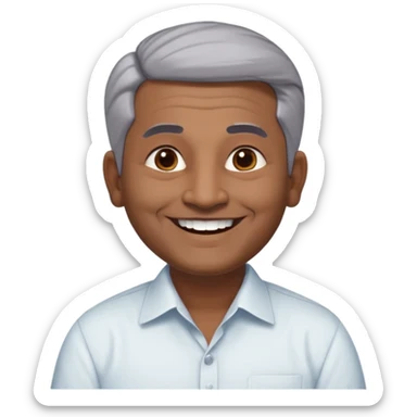 50 yr old indian man, dark skin, grey hair, big smile, white teeth, chubby, no moustache, clean shaven, young style hair, hair brushed back, 5 oclock shadow, bindy, dress shirt, forehead dot, chubby, religious sticker