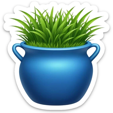 a small blue cachepot with grass leaves gathered in a pile. sticker