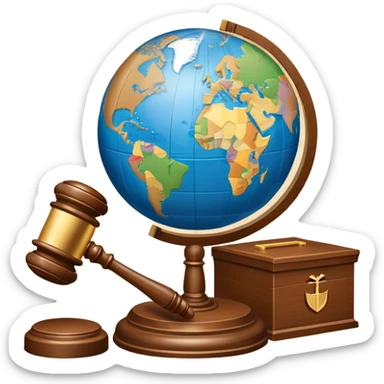 An icon featuring a globe with a gavel and a political map, symbolizing political science. The design includes a ballot box and a podium, representing democracy and governance. Transparent background highlights the study of political systems and global relations. sticker