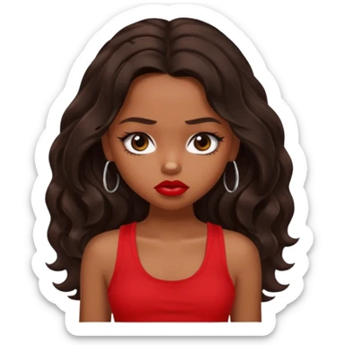 generate a pretty tan bratz girl with dark brown wavy hair long wearing a red tank top, red lipstick. Looking sad sticker