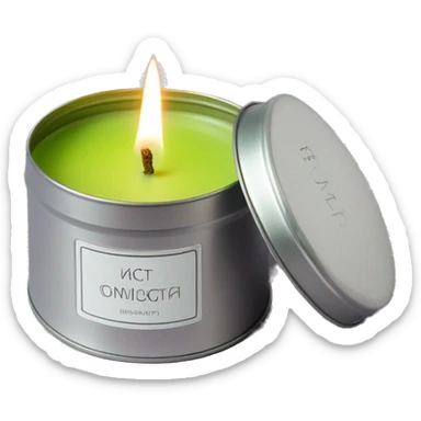 realistic lit matcha scented candle in a silver tin with a small white label that says ‘matcha’ sticker