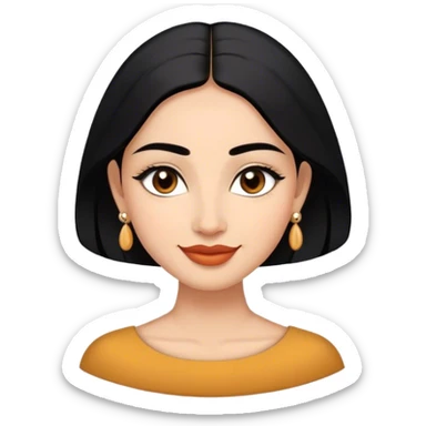 Oval face, warm medium skin, large almond-shaped dark brown eyes, naturally arched eyebrows, full lips, long sleek black hair with centre partition, small black bindi, statement earrings, and a confident smile. sticker