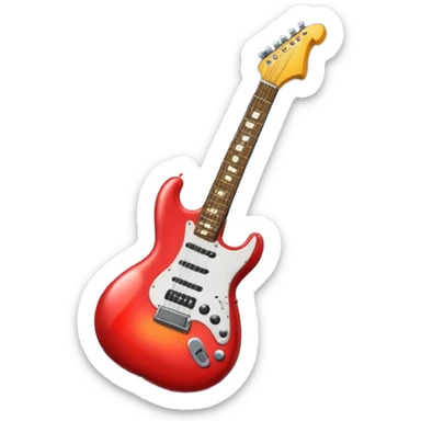 A 3D Apple-style emoji of a bold “ROCK” text written in shiny metallic letters, with an electric guitar leaning on the text, surrounded by small music notes and lightning bolts, energetic and powerful rock music vibe sticker