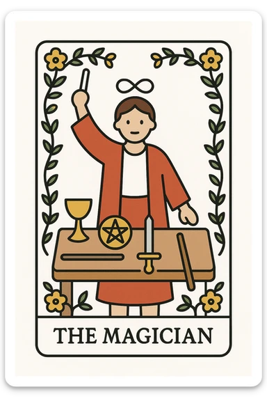 Simplified emoji of The Magician tarot card inspired by Rider Waite Smith, showing a magician with a wand, table with symbols, floral border, classic tarot card style, white background sticker