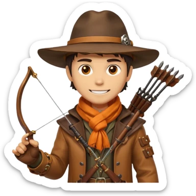 male human monster hunter emoji, wearing brown leather coat and wide hat, holding crossbow or rifle, with amulet shaped like skull, Halloween fantasy theme, confident smile, orange scarf, Apple emoji style, clean white background, square image sticker