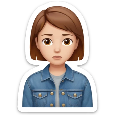 a woman with a brown short hair, looking at the left, worried, wearing a denim jacket, only upper body, high quality sticker