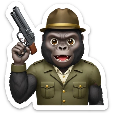 A gorilla holding a gun in the air making a silly face sticker