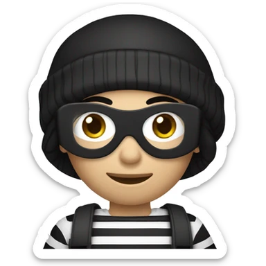 robber with black hair wearing a black beanie and a long sleeved white and black horizontally striped t-shirt and wearing black eye mask and holding a bag of money in their left shoulder sticker