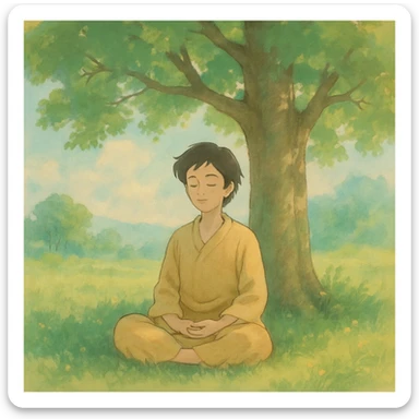 inner peace as a serene person meditating under a tree, soft colors, ghibli style sticker