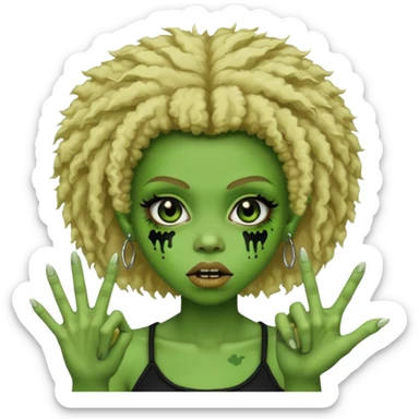 girl, green zombie,blonde afro, medium long, shaggy, dark, spooky,double eyebrow dermal piercing, two fingers up sticker