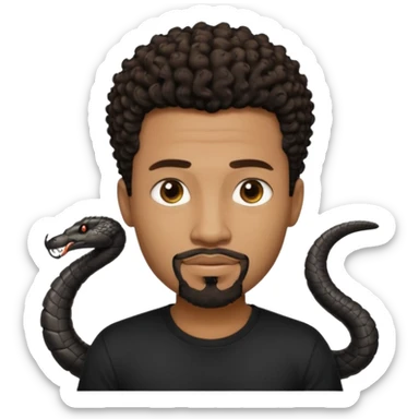 Homme noir, yeux marron avec un bouc sans la moustache, cheveux noir court et bouclé crépus avec un dégradé sur le côté, avec un cobra à côté , t-shirt noir  sticker