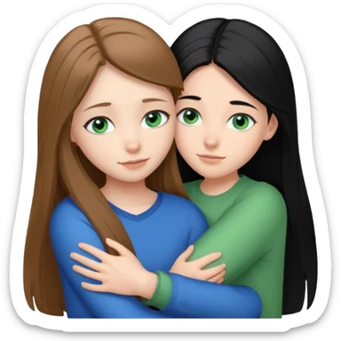 una ragazza dall‘ età di 19 anni con capelli castani chiaro lunghi e lisci ,  occhi celesti,  e una ragazza di 17 anni capelli neri occhi verdi che si abbracciano   sticker