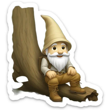 side view of gnome with light tan pants and light tan boots squatting by small brown log sticker