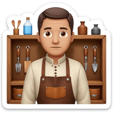 master woodcraft carpenter portrait, head and shoulders only, leather apron collar, carved wood patterns visible, thoughtful focused look, artisan vibe, 3D cartoon, mobile game icon style, clean background, no text, no watermark
 sticker
