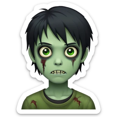 creepy boy zombie, black medium-long emo hair, green skin, dark and spooky sticker