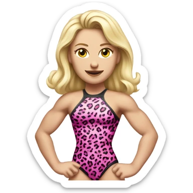 Tall blonde Caucasian muscular woman wrestler wearing a pink leopard print leotard blowing a kiss sticker