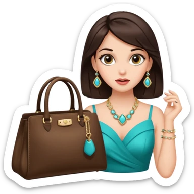 Glam brunette girl with eyelashes and fa looking left and right between two purses, playful puzzled expression — can’t decide between two options sticker