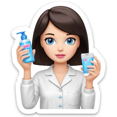 Barbie girl with makeup, blue eyes , and bob haircut, short dark brown hair in white pajamas, face gel in hand sticker