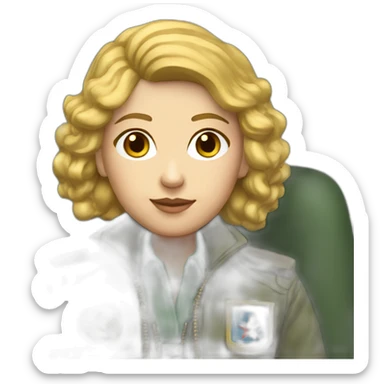 Soviet female pilot golden hair blue ayes  Green with brown plush jacket sticker