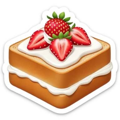square toast topped with fluffy white cream, decorated with a strawberry bow made from two strawberry halves and a small sliced center, bright red and glossy sticker