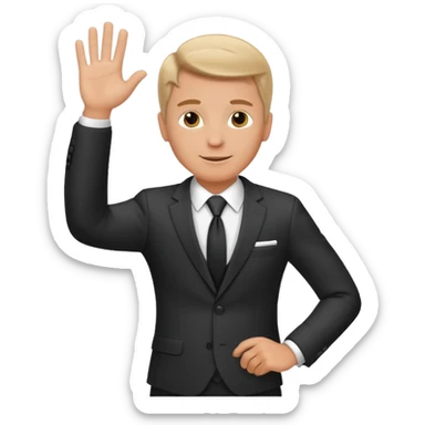 A white man in a suit stands and waves his hand in greeting. sticker