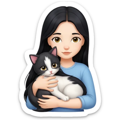 A girl with long black hair tightly hugged a kitten sticker