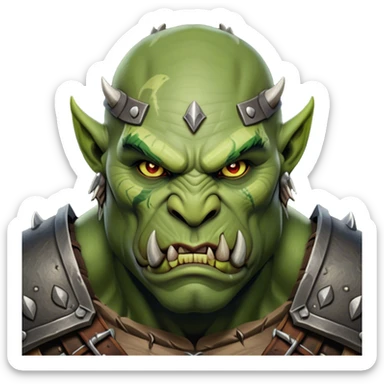 Cinematic Realistic WoW Orc Warrior Portrait, head tilted epicly and inquisitively, showcasing a commanding presence and raw, unyielding power. His battle-hardened green skin and muscular form, accented by meticulously crafted tribal armor in deep earthy hues, are rendered with lifelike clarity and dynamic lighting, high shine, epic and awe-inspiring, embodying the relentless spirit of an orc warrior ready for battle. sticker