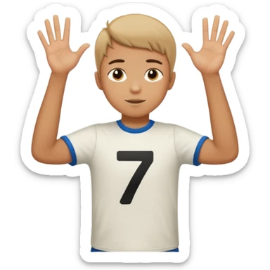 Boy doing 67 with hands in the air up to his chest and he is holding 6 in one hand and seven in the other sticker